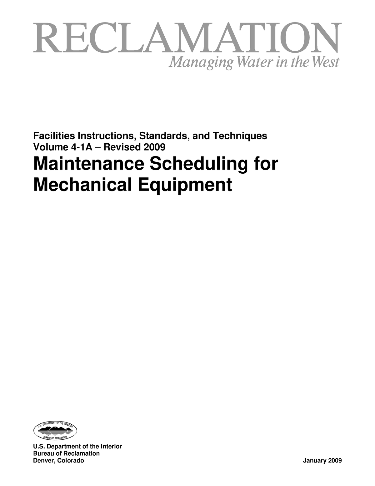 Maintenance Scheduling For Mechanical Equipment 2009 - U. Department Of ...