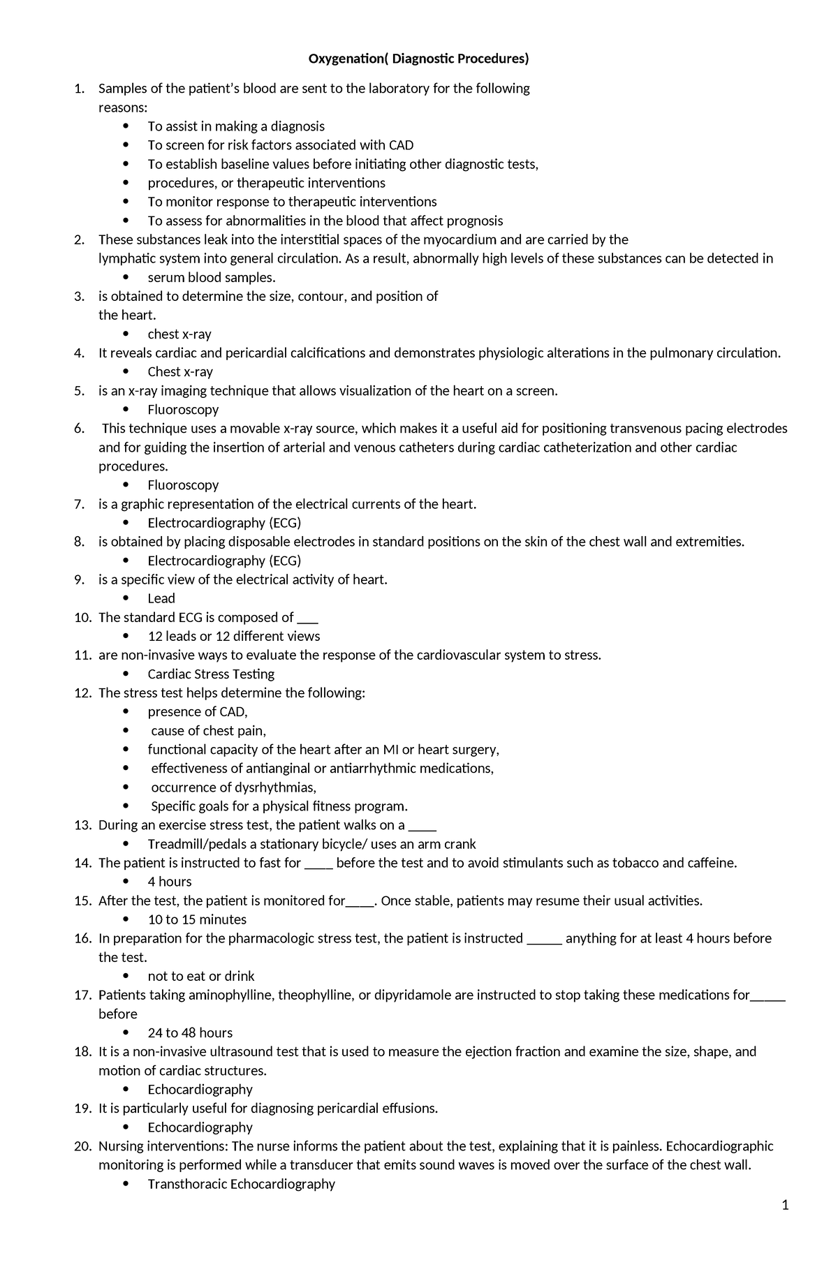 Oxygenation reviewer - NONE - Oxygenation( Diagnostic Procedures ...