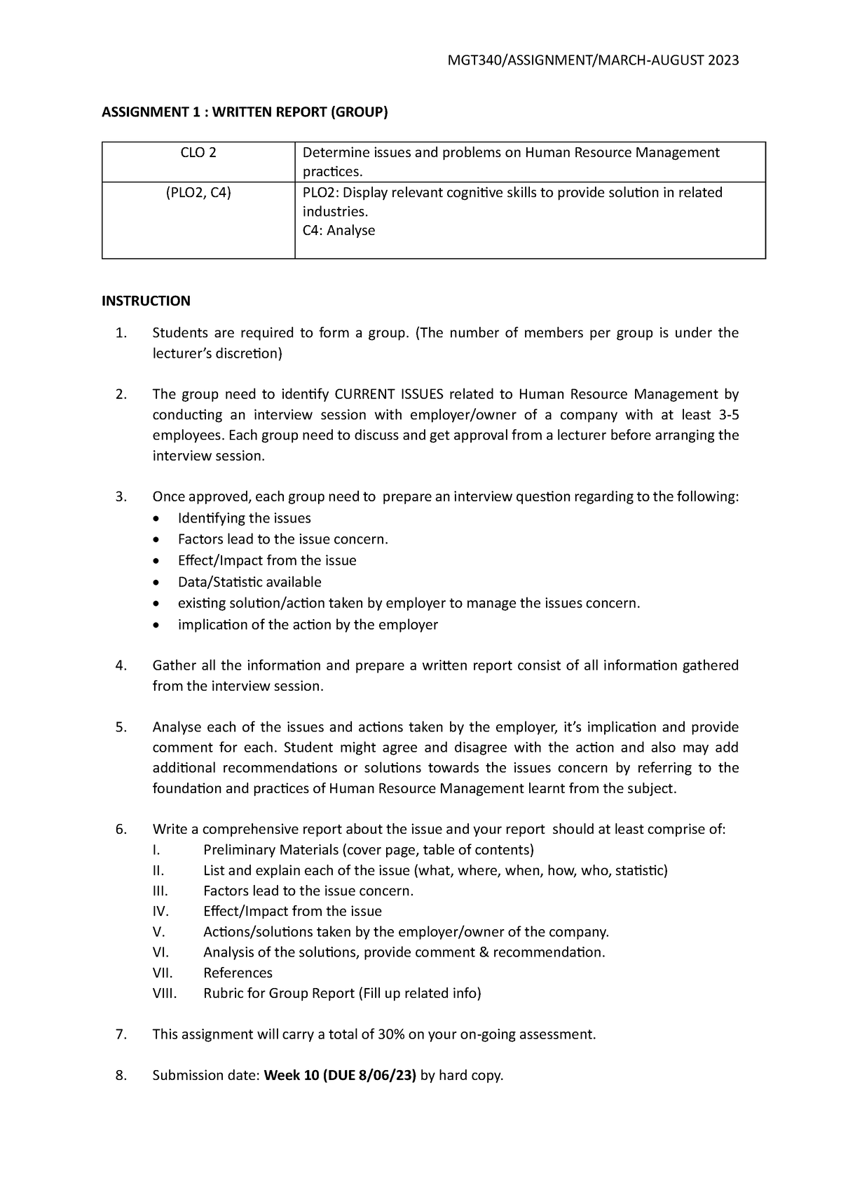 Instruction - Assignment 1 ( Written Report) - MGT340/ASSIGNMENT/MARCH ...