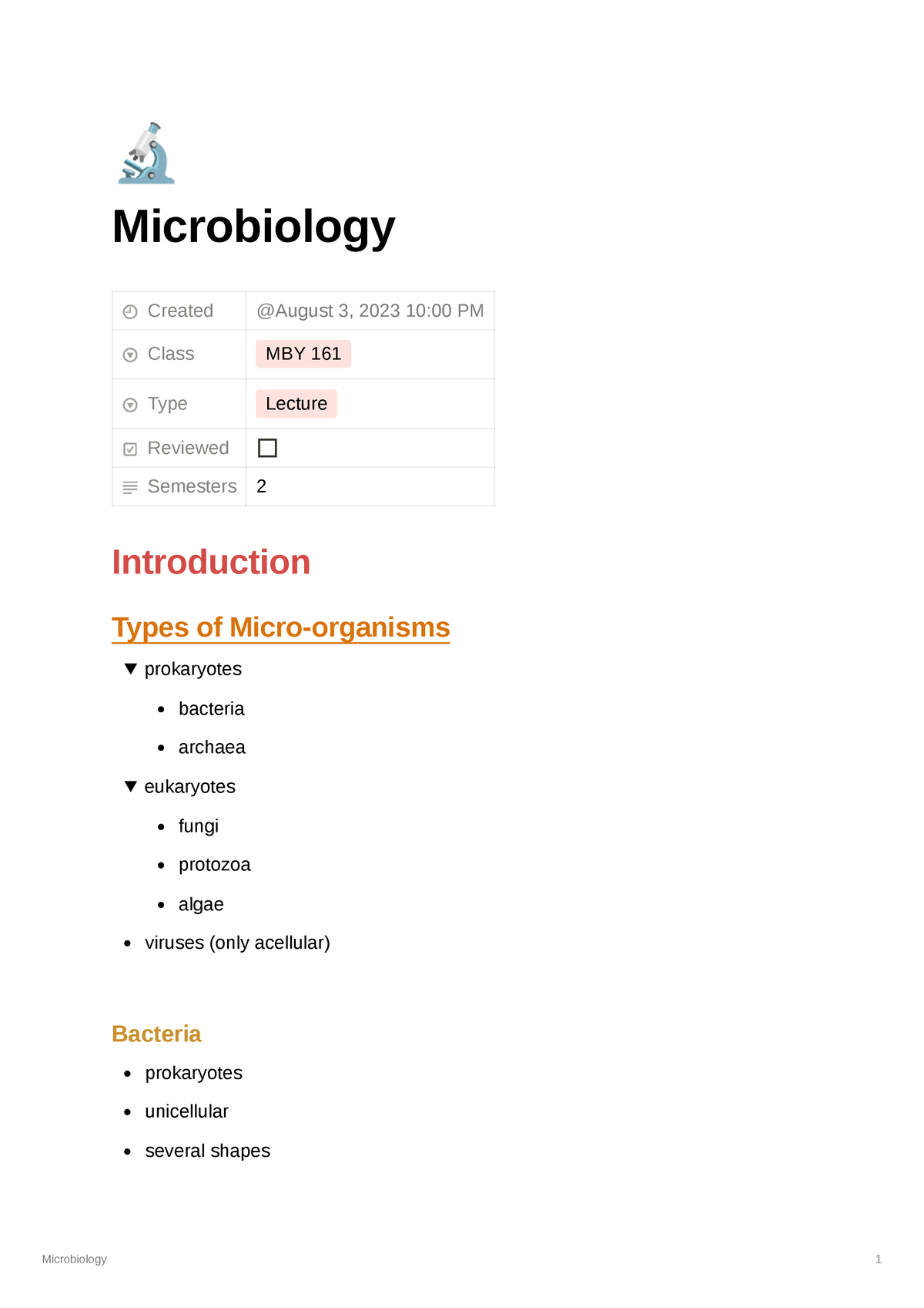 Microbiology Exam Notes - 🔬 Microbiology Created Class MBY 161 Type ...