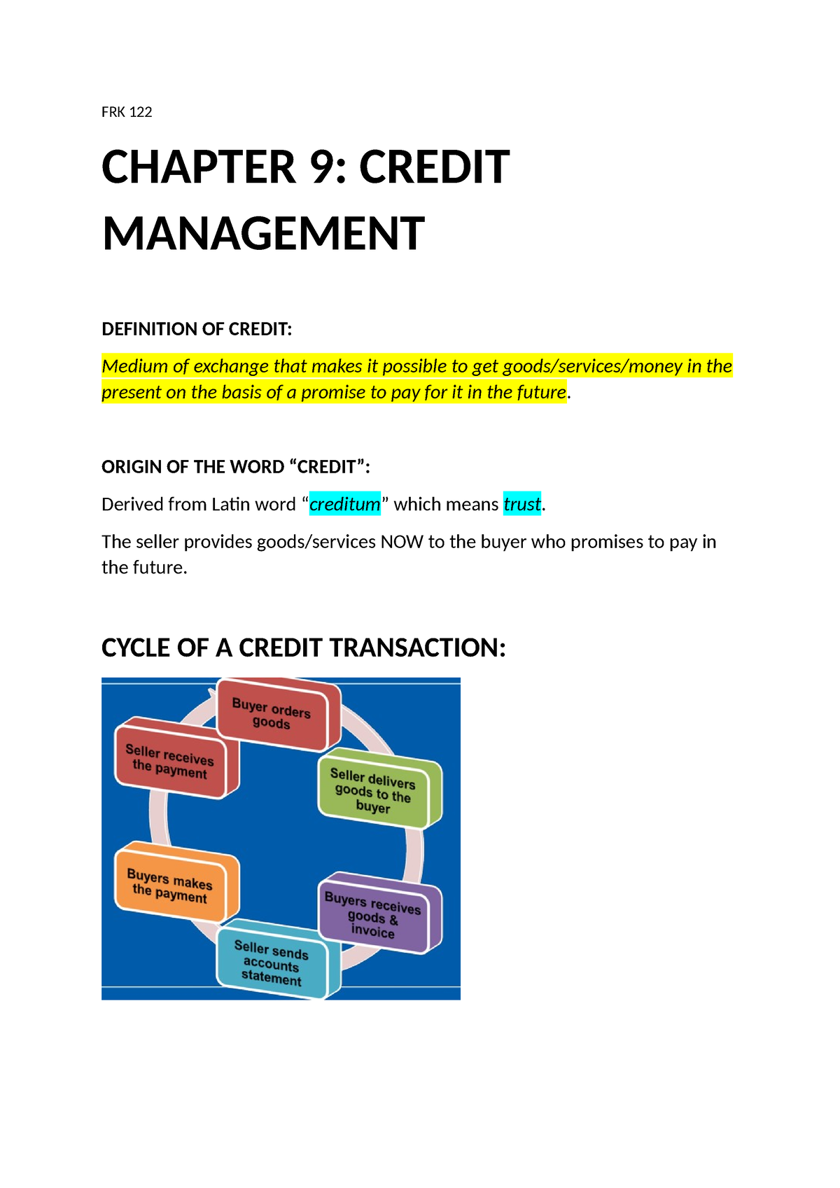 FRK 122 opsommings chapter 9 - FRK 122 CHAPTER 9: CREDIT MANAGEMENT ...