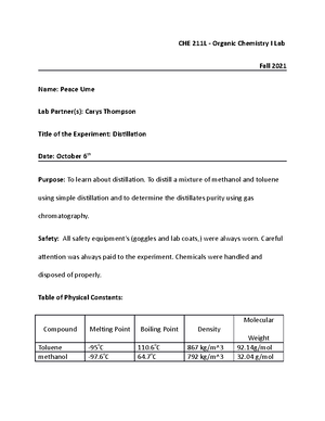 Distillation - HOMEWORK. - CHE 211L - Organic Chemistry I Lab Fall 2021 ...