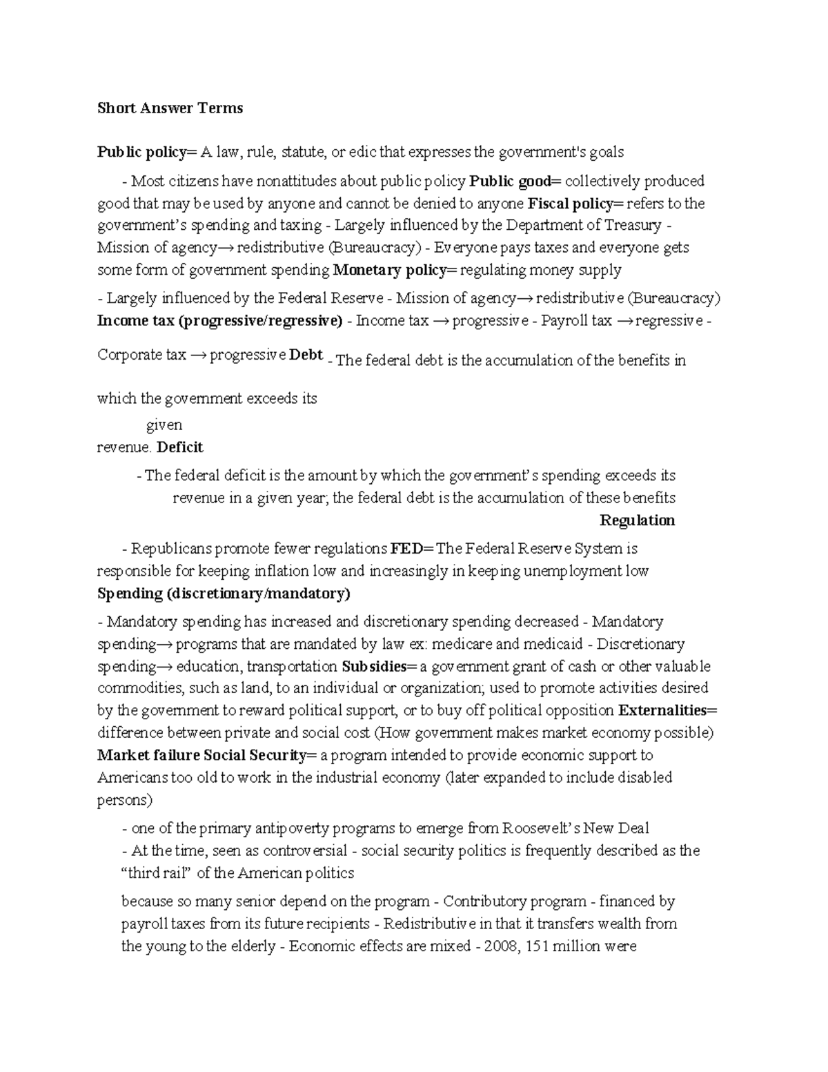 PSC 121 Final - Lecture notes all - Short Answer Terms Public policy ...