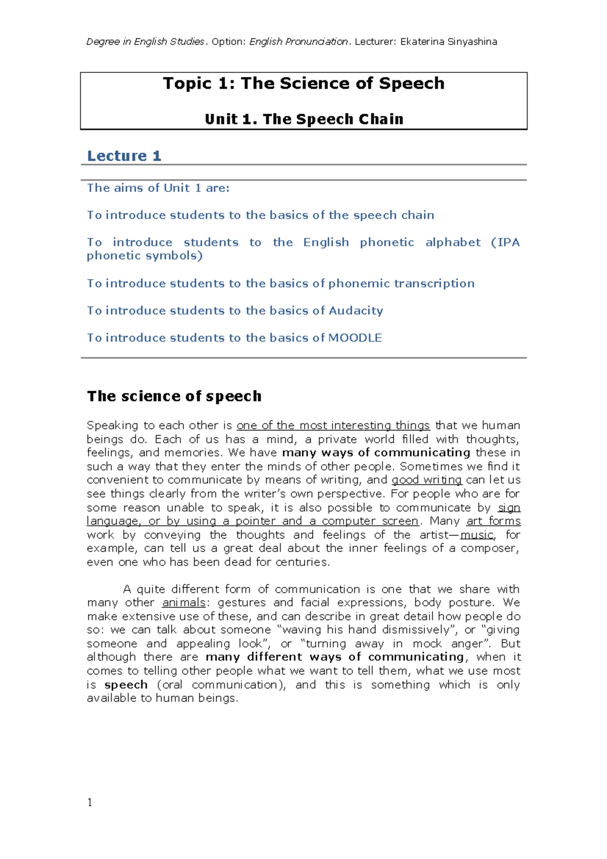 Topic 1 Unit 1 The Speech Chain - Topic 1: The Science of Speech Unit 1 ...
