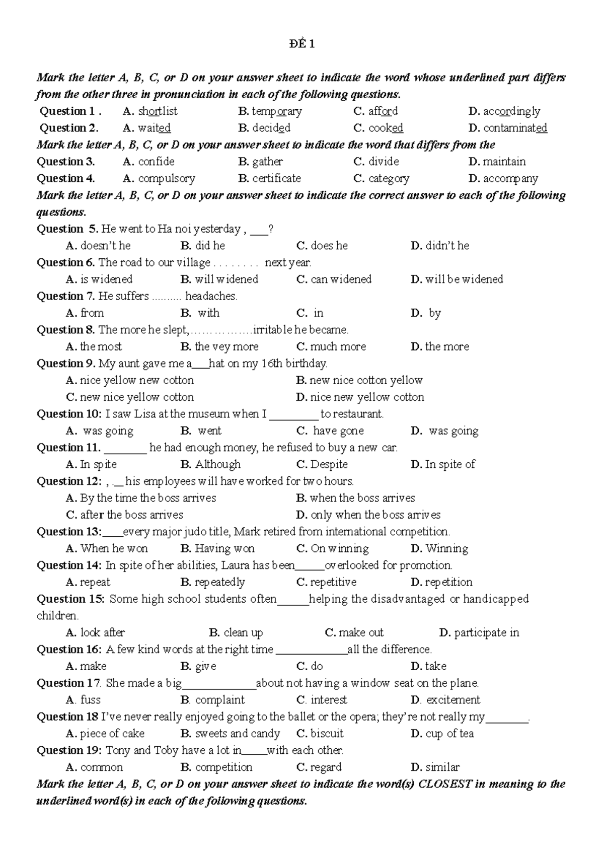 Đề-1 - ok - ĐỀ 1 Mark the letter A, B, C, or D on your answer sheet to ...