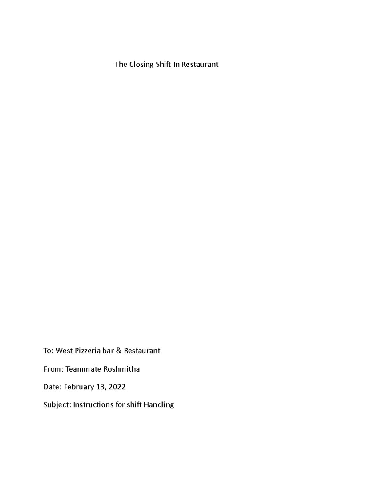 Closing the Shift Assignment 1 The Closing Shift In Restaurant To