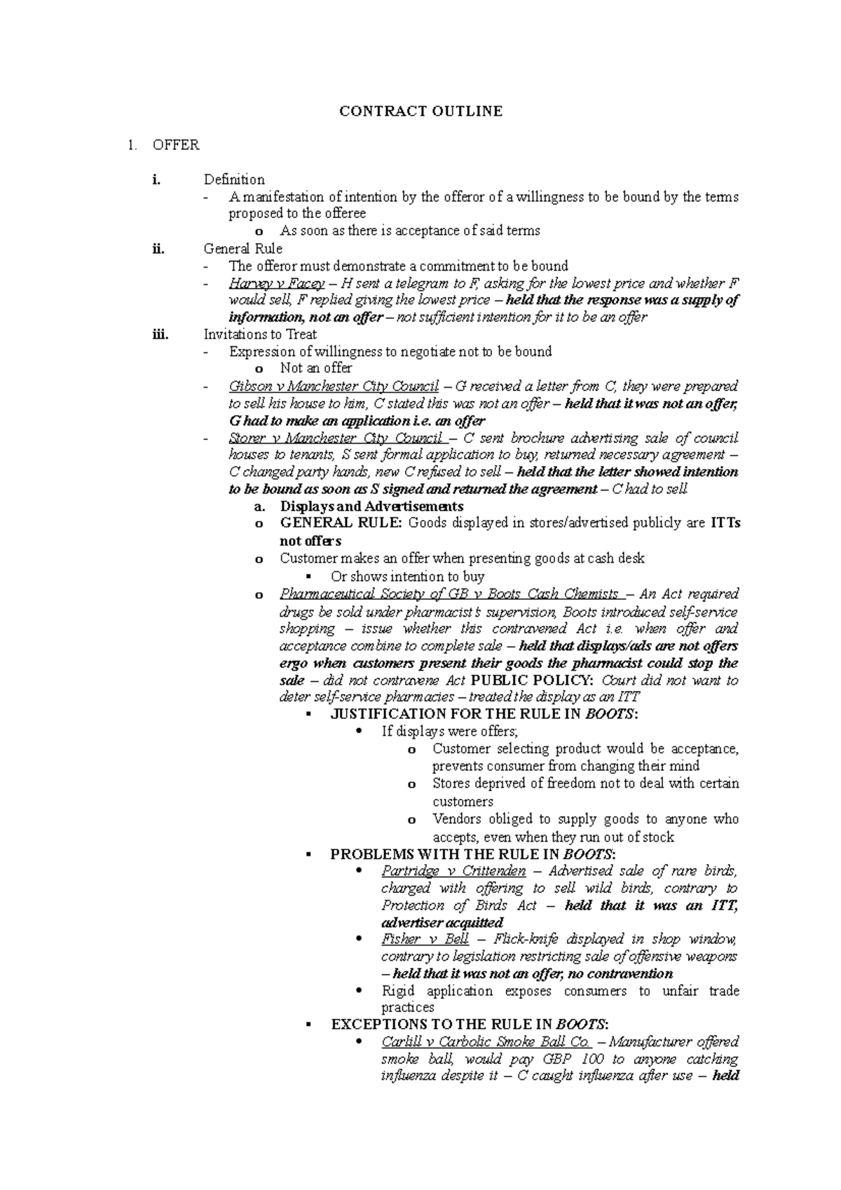 Contract Outline - CONTRACT OUTLINE 1. OFFER i. ii. Definition A ...