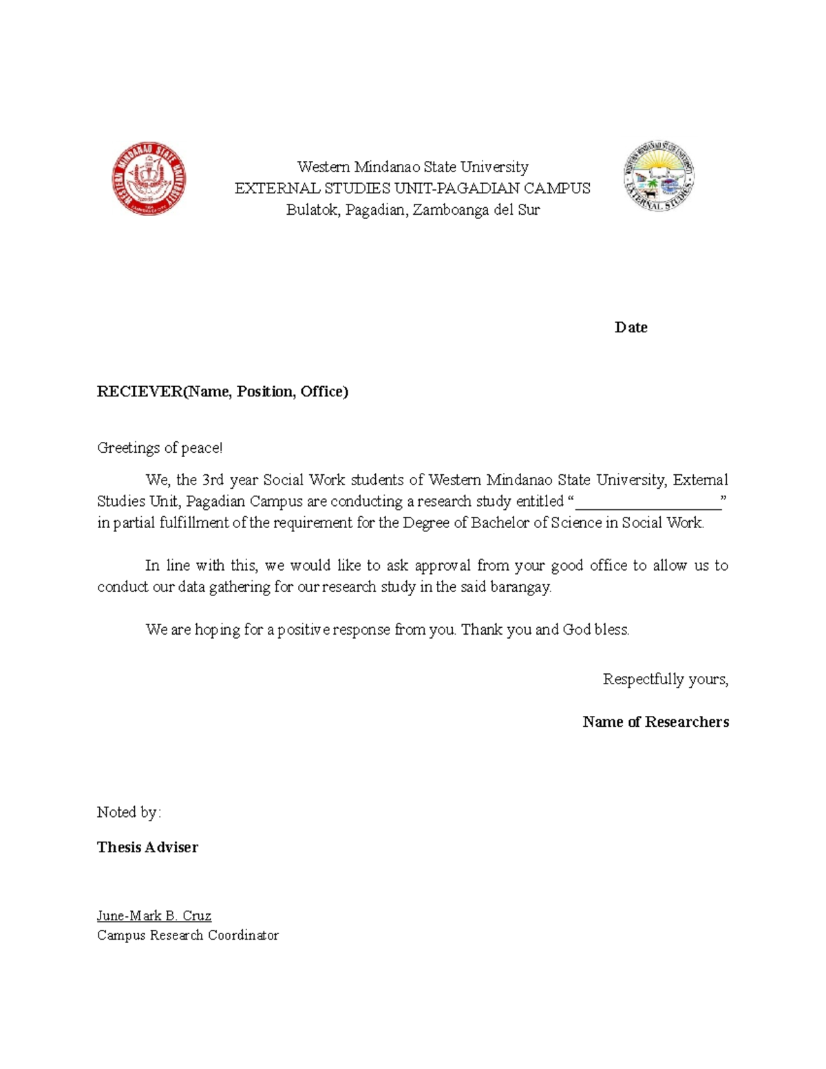 Sample Letter OF Approval - Western Mindanao State University EXTERNAL ...