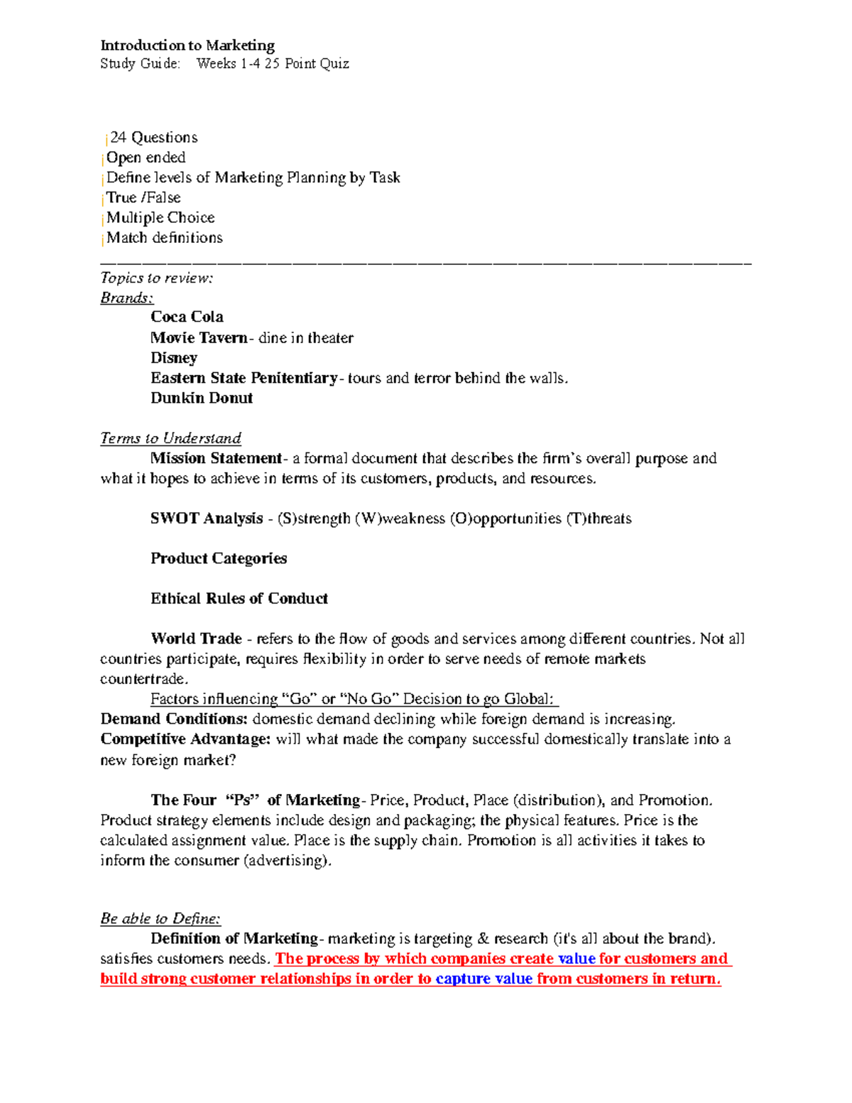 Quiz, sections 1-4 - Introduction to Marketing Study Guide: Weeks 1-4 ...