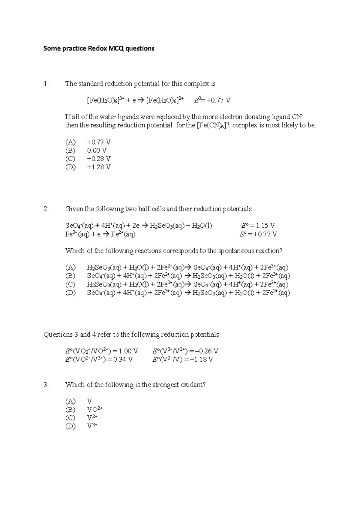 Redox Mcq Questions - Warning: Tt: Undefined Function: 32 Some Practice 