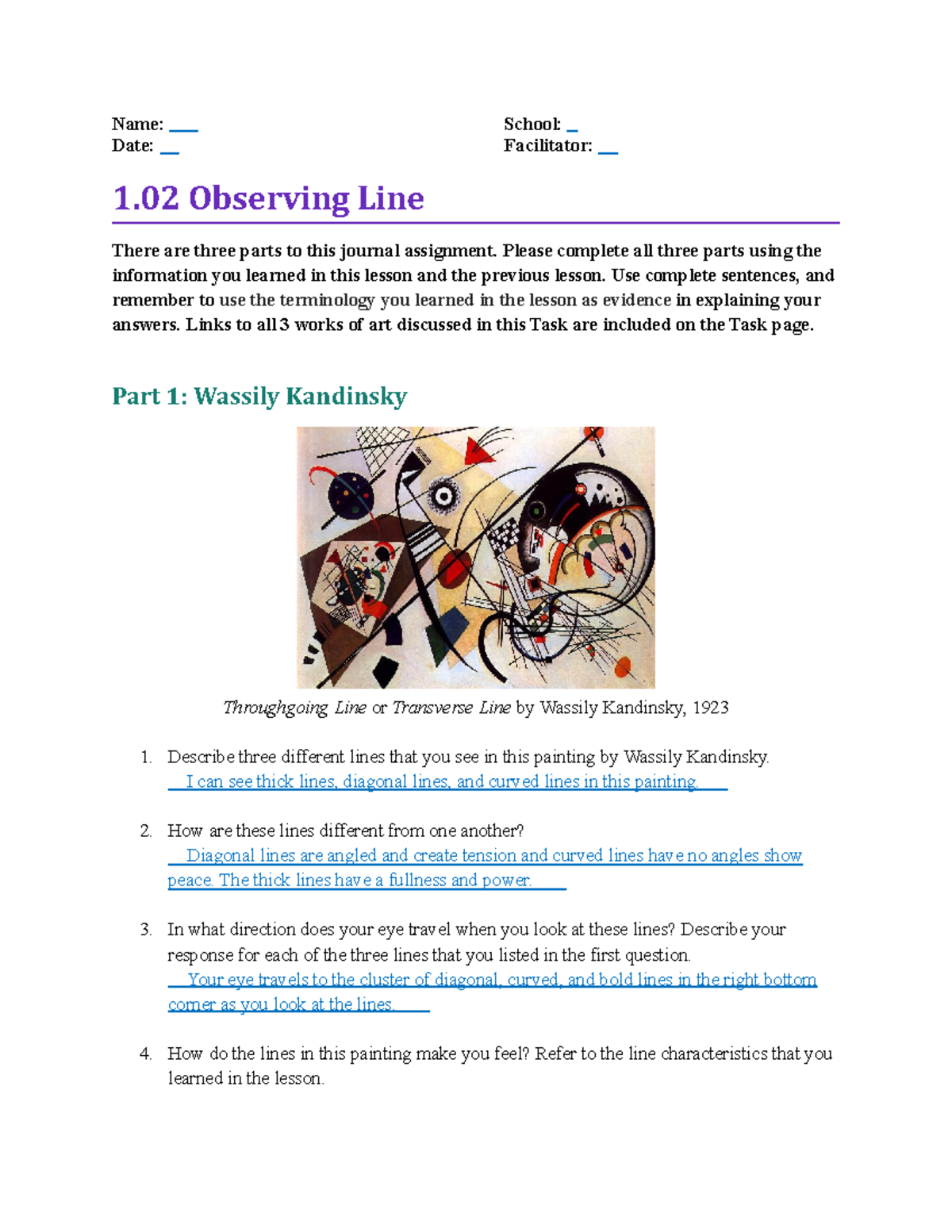 01-02 task2 Art - Name: Date: School: Facilitator: 1 Observing Line ...