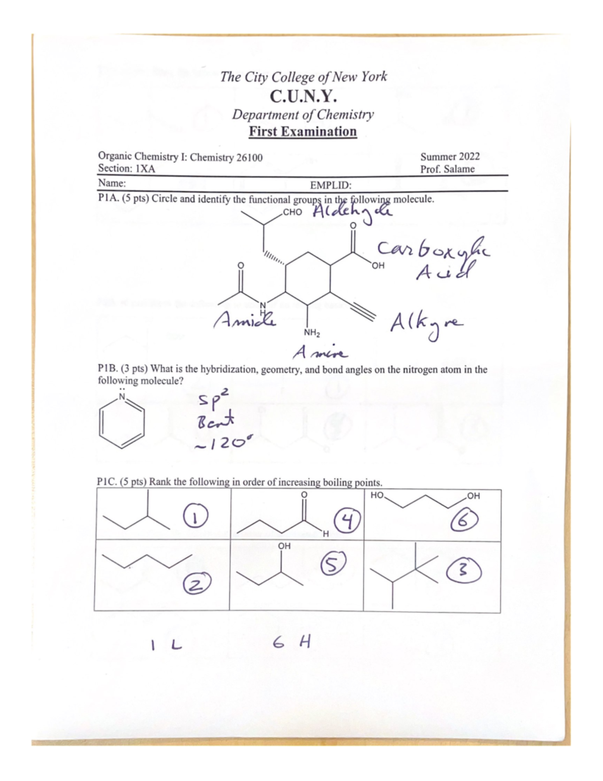 Orgo exam 1 summer 2022 Isa Salame The City College of New York C.U