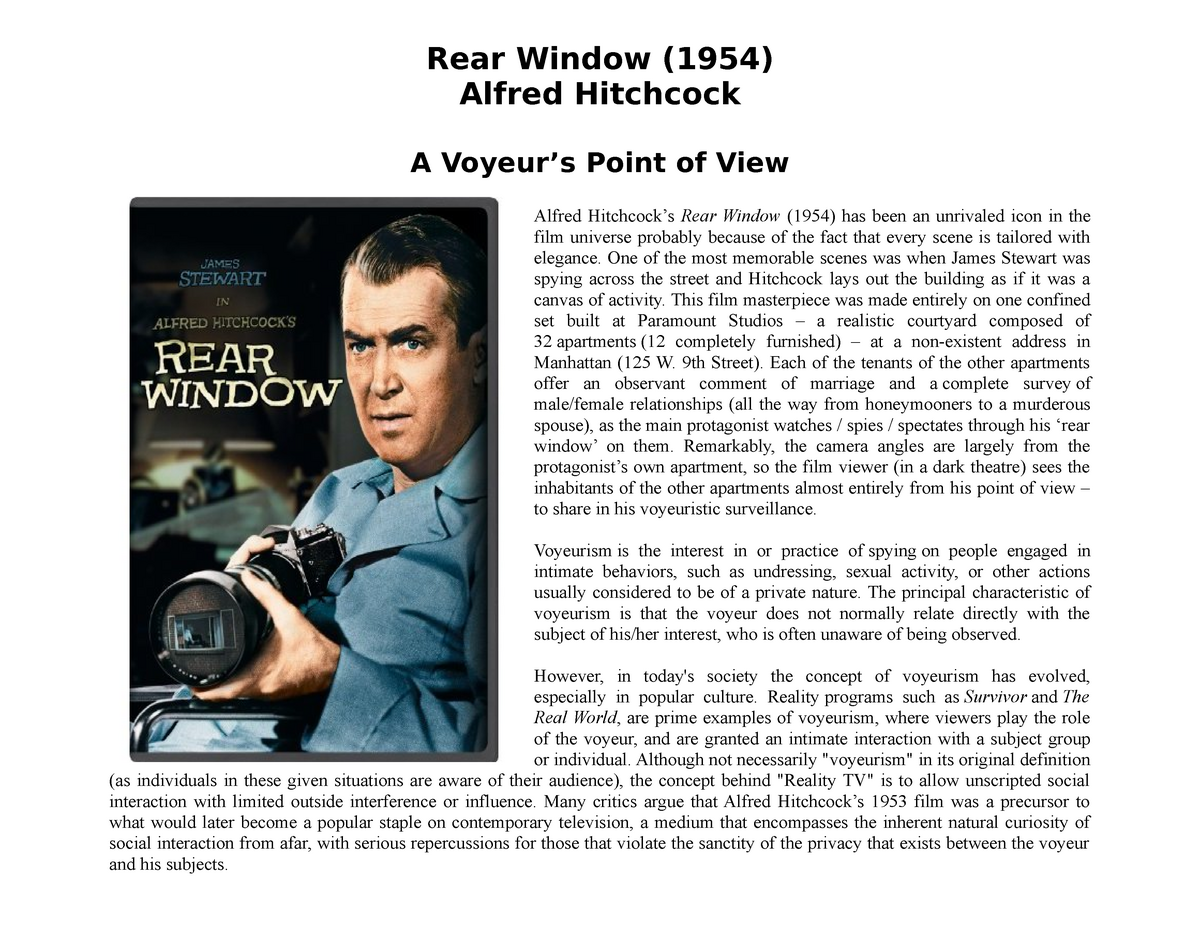 Rear-window hitchcock study guide - Rear Window (1954) Alfred Hitchcock A Voyeurs Point of View