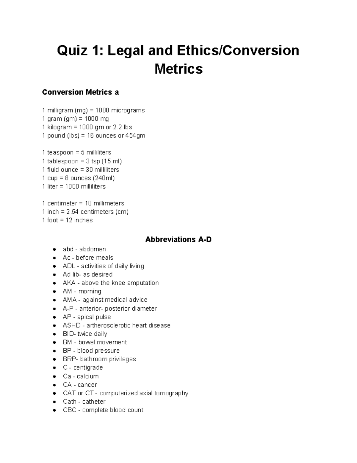 Quiz 1 Legal and Ethics Conversion Metrics - Quiz 1: Legal and Ethics ...