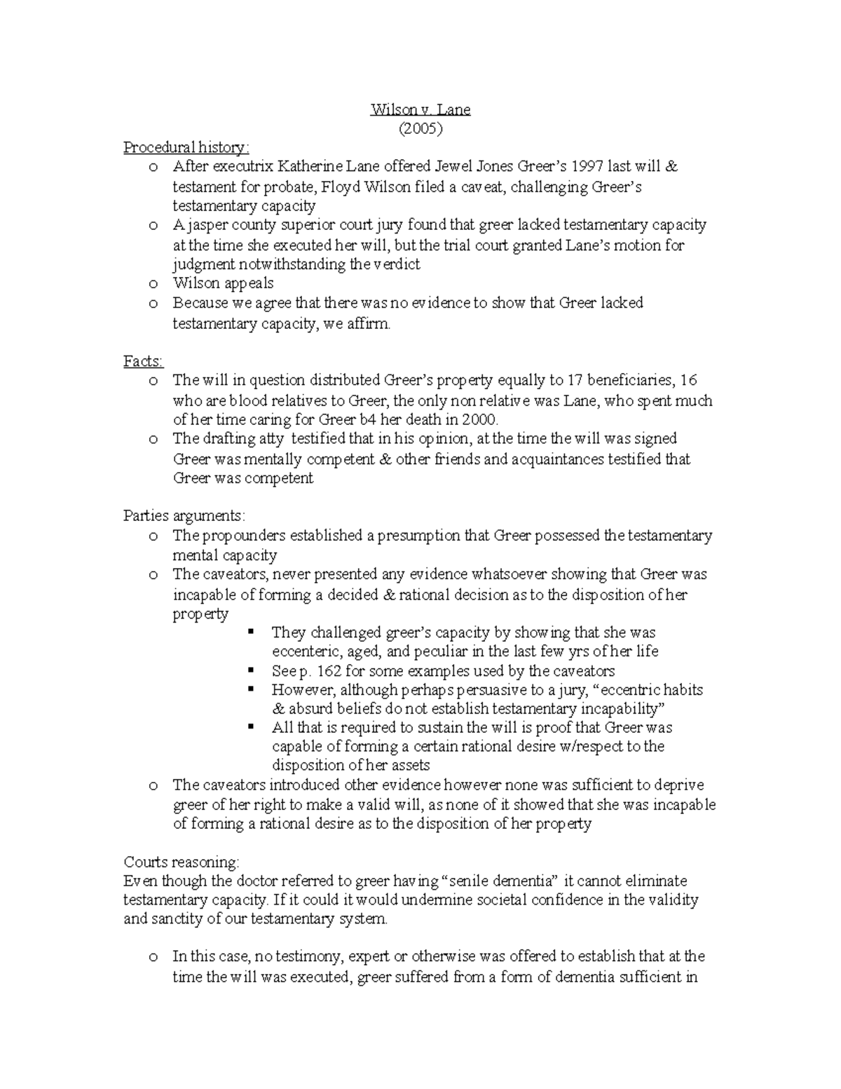 Wilson v. Lane Briefs for Trust and Estates Wilson v. Lane (2005