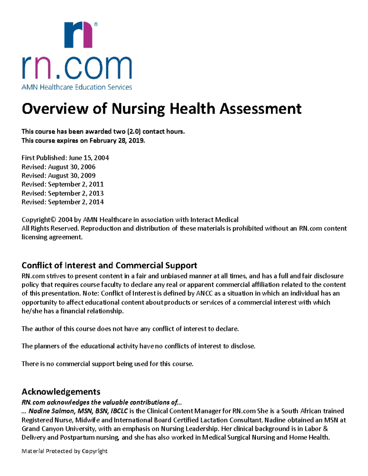Nursing Assessments Summaries Overview of Nursing Health Assessment