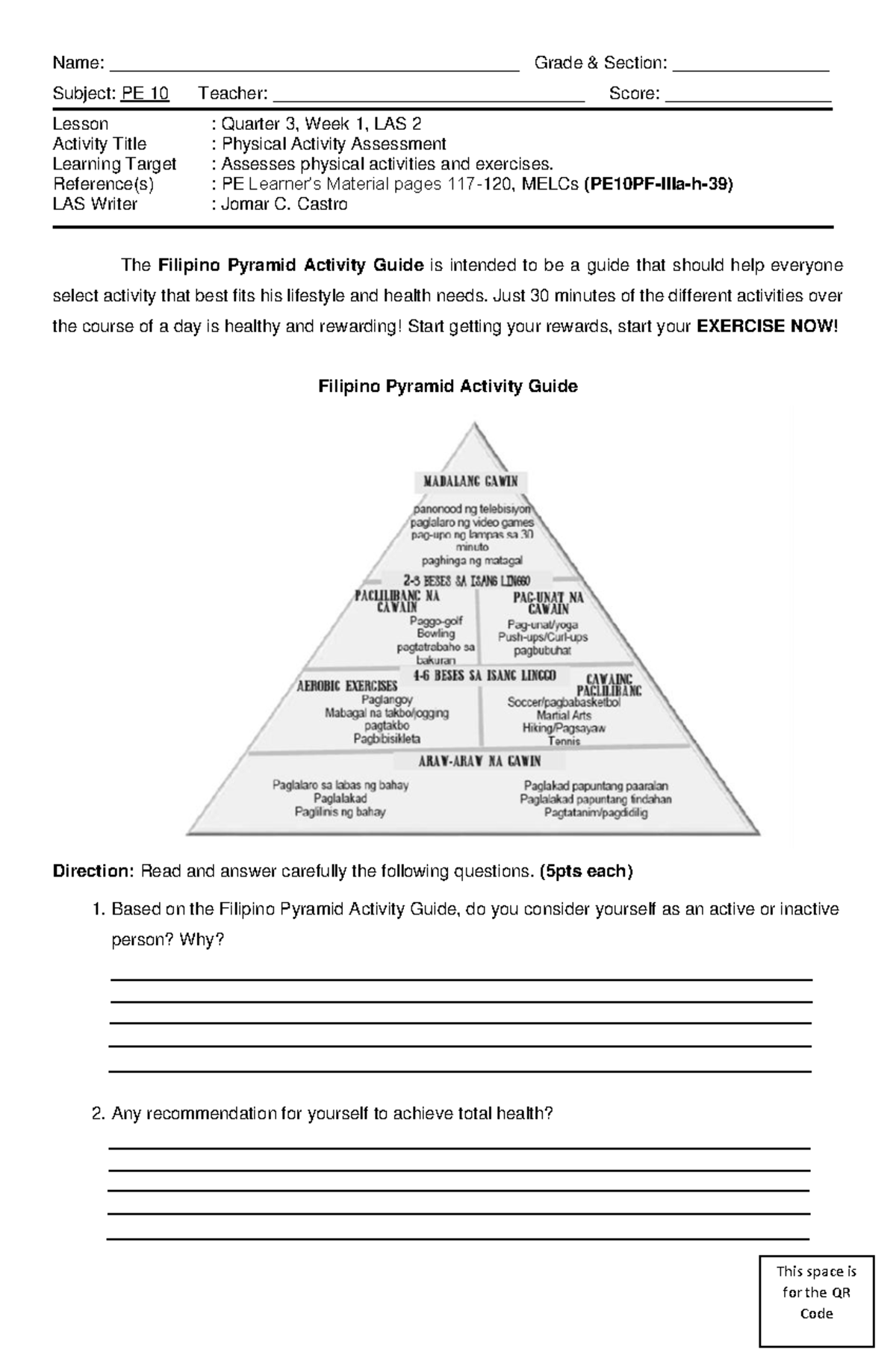 PE 10 Q3 WEEK 1 LAS 2 - Name ...