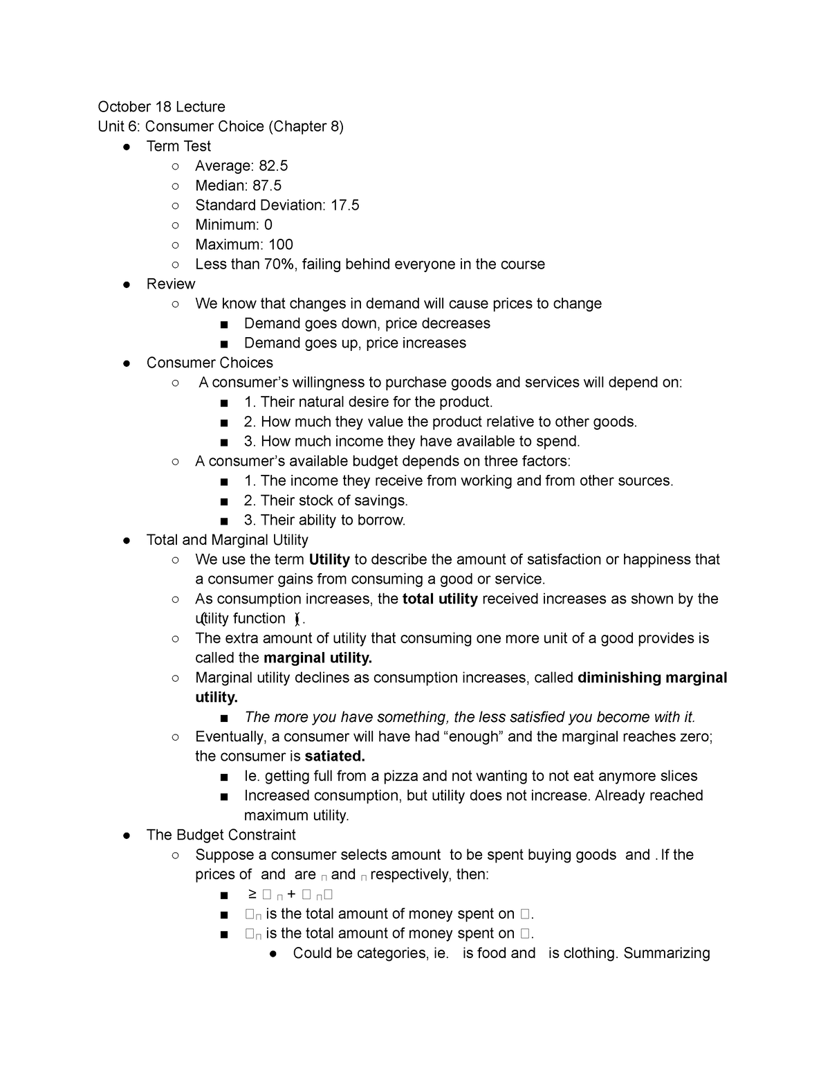 Econ 1B03 - Oct 18 Lecture - October 18 Lecture Unit 6: Consumer Choice ...