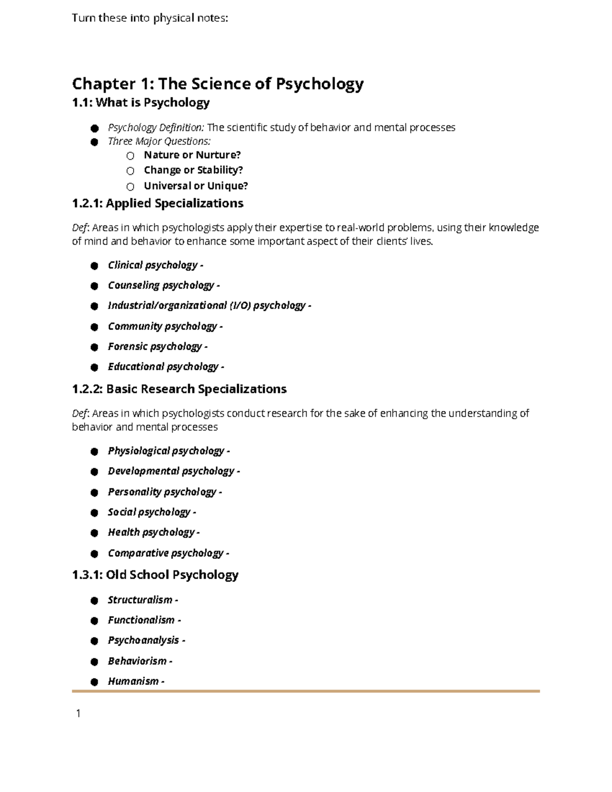 Psych 101 Class notes - Turn these into physical notes: Chapter 1: The ...