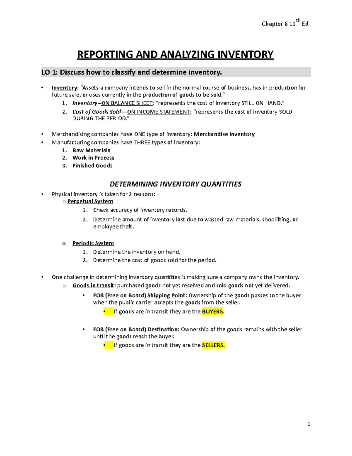 Chapter 6 Review - Chapter 6 11 Ed REPORTING AND ANALYZING INVENTORY LO ...