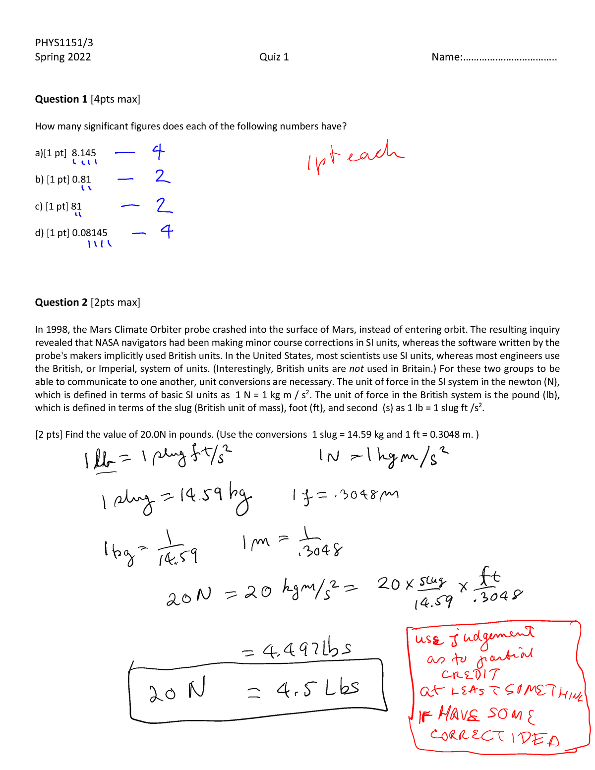 PHYS1153SP2-Q1-solved - PHYS1151/ Spring 2022 Quiz 1 Name