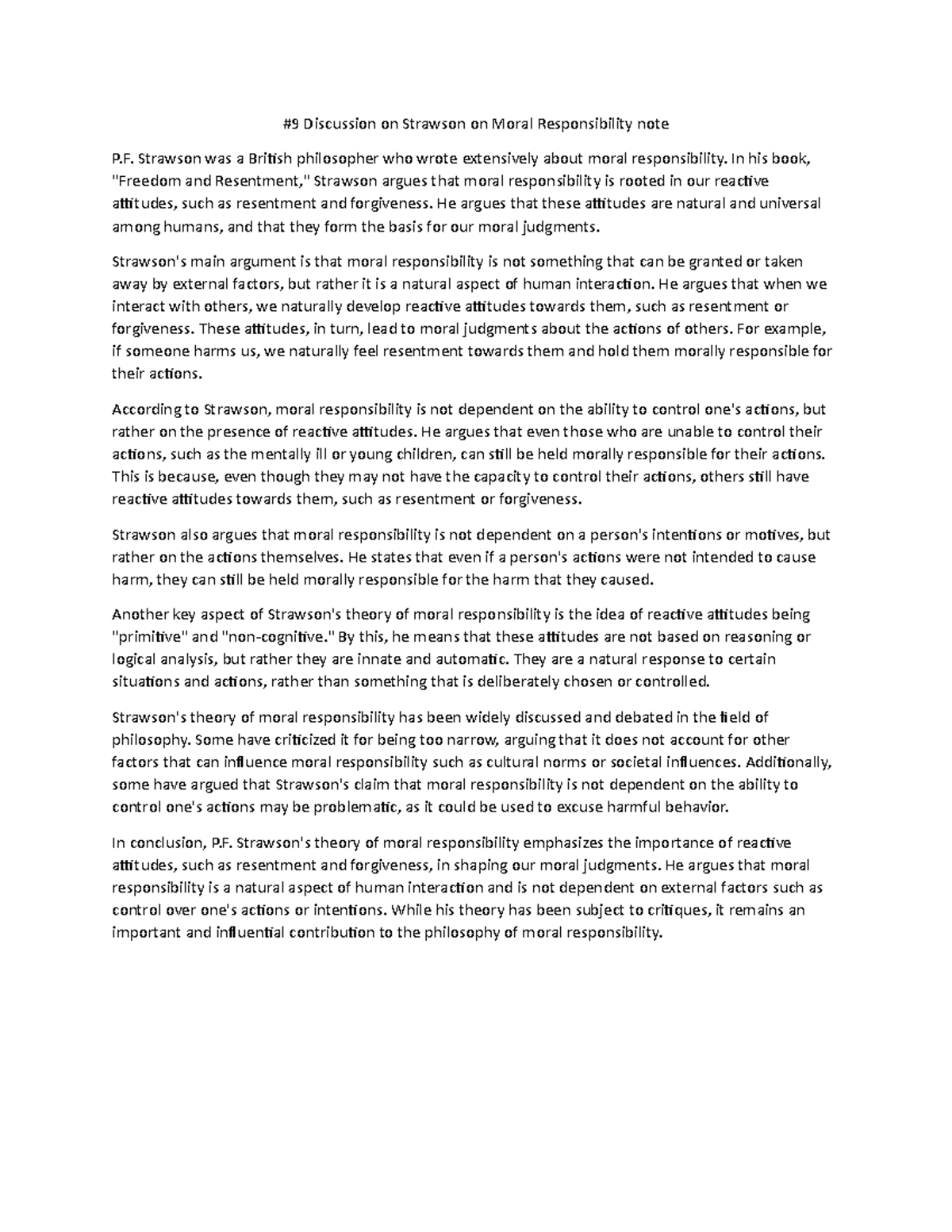 #9 Discussion on Strawson on Moral Responsibility note - Strawson was a ...