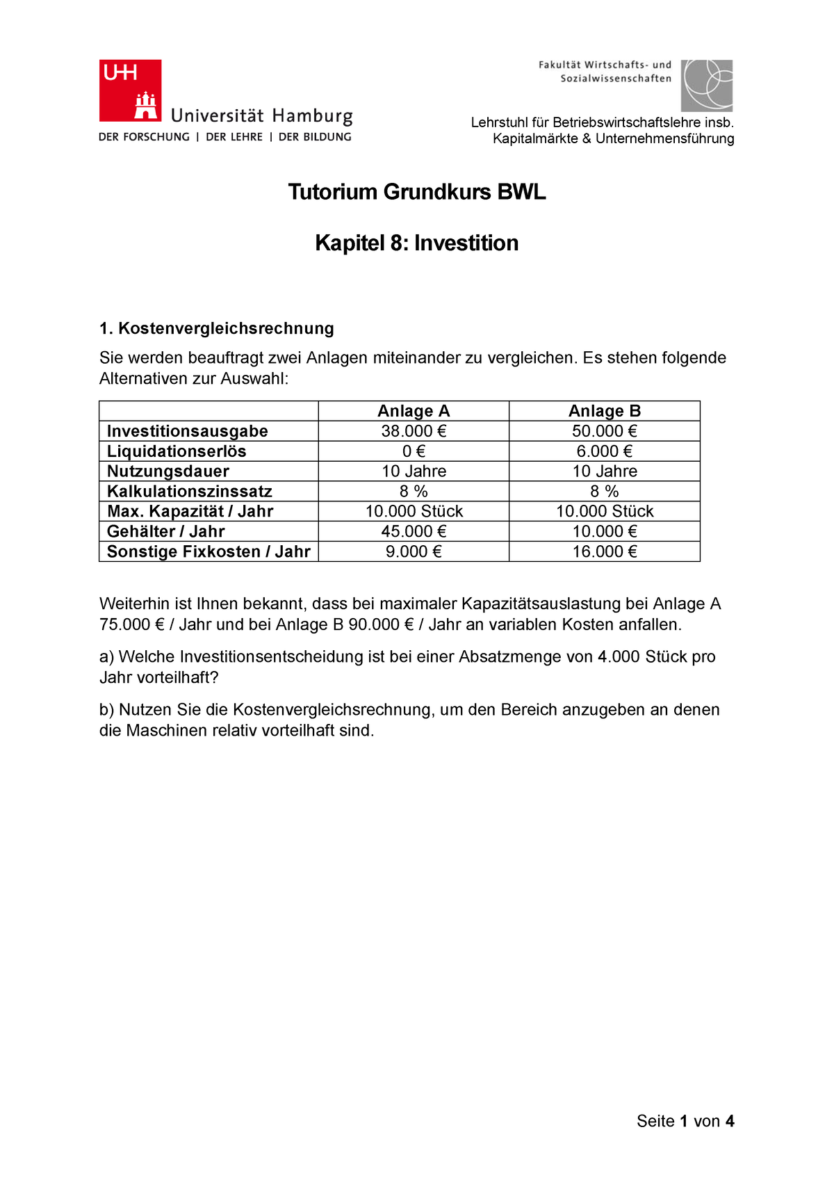 Einführung BWL Investition Übungsblatt - Kapitalmärkte ...