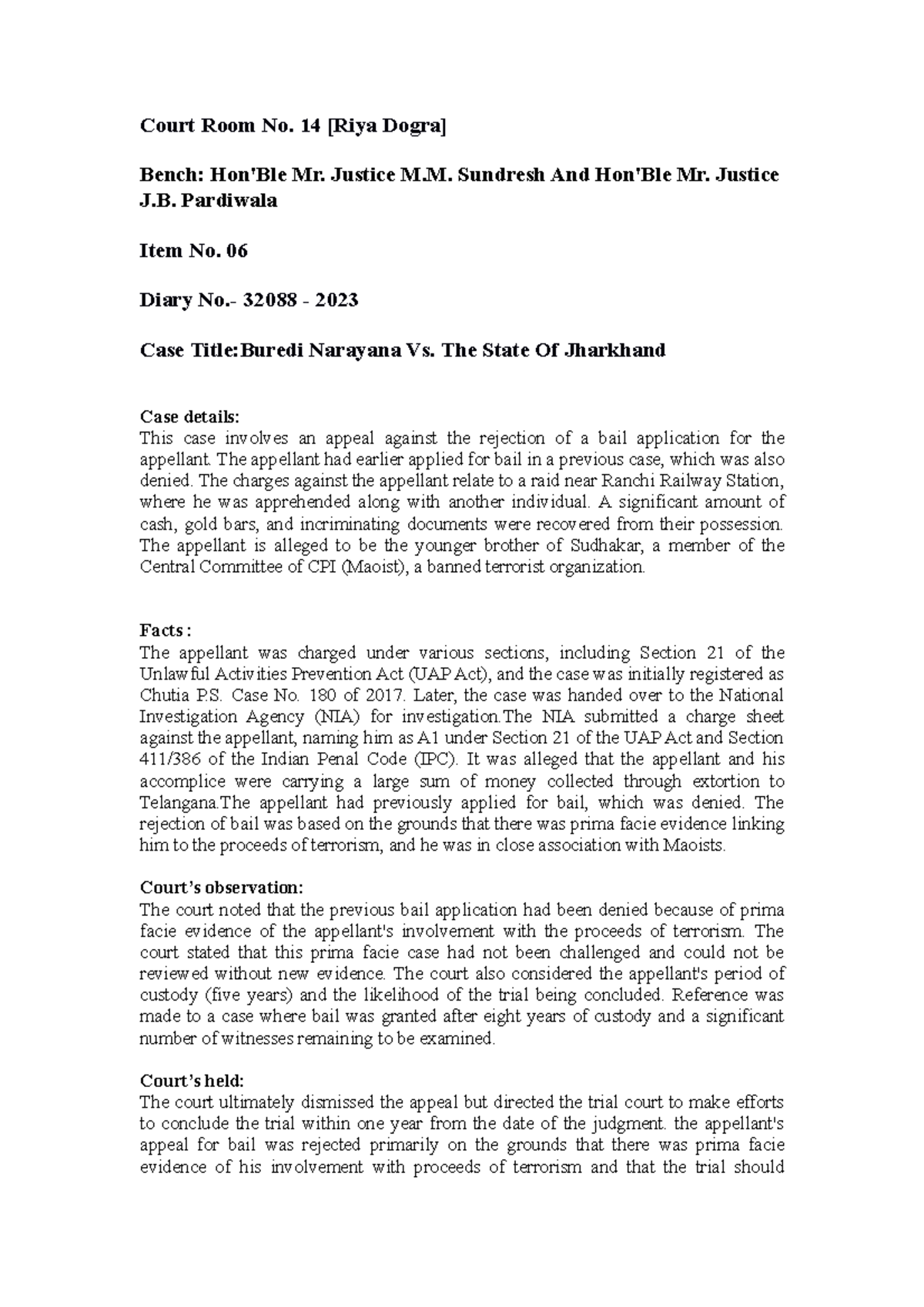 Riya dogra item 6 case brief - Court Room No. 14 [Riya Dogra] Bench ...