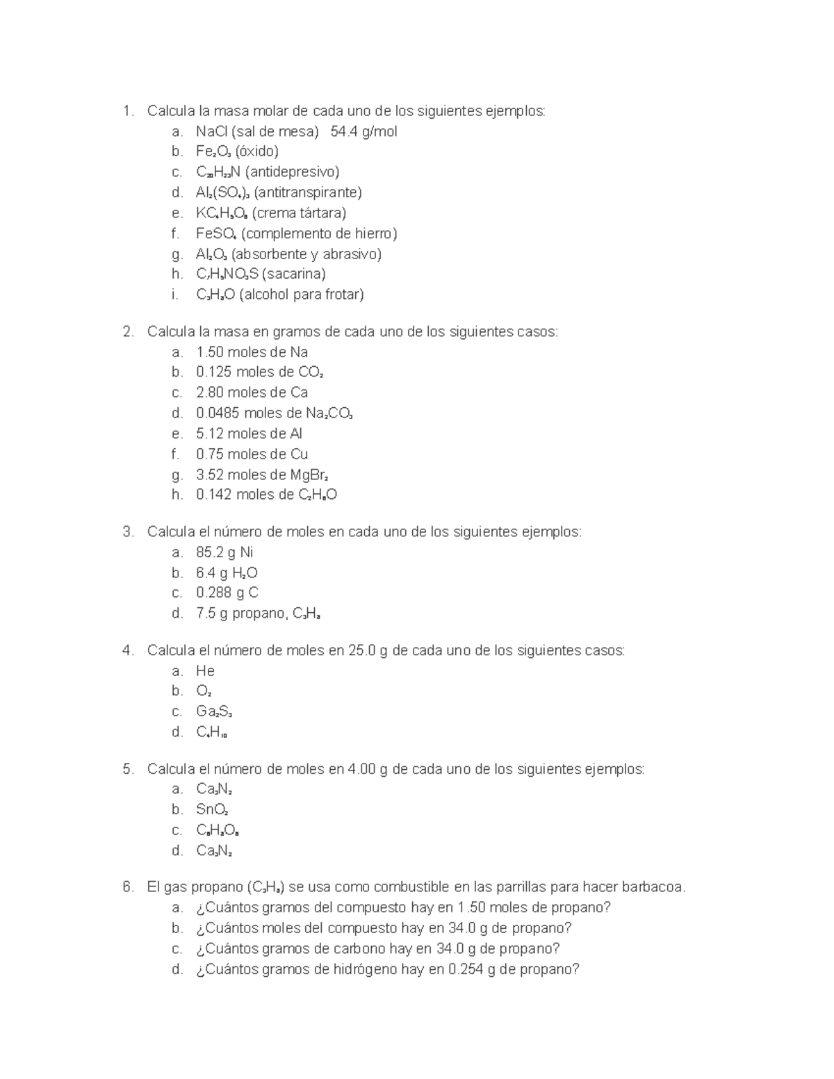 ACT 14 - ejercicio 14 masa molar - Calcula la masa molar de cada uno de ...