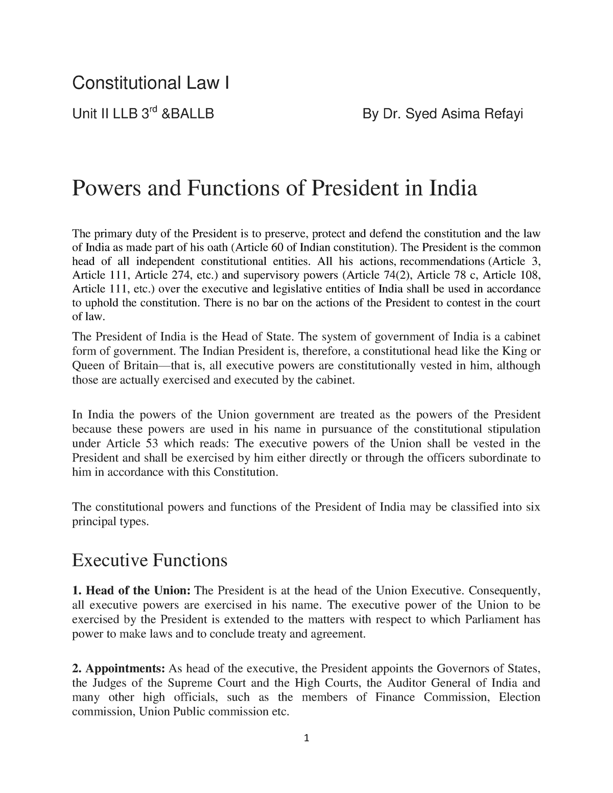 powers-and-functions-of-president-in-india-constitutional-law-i-unit