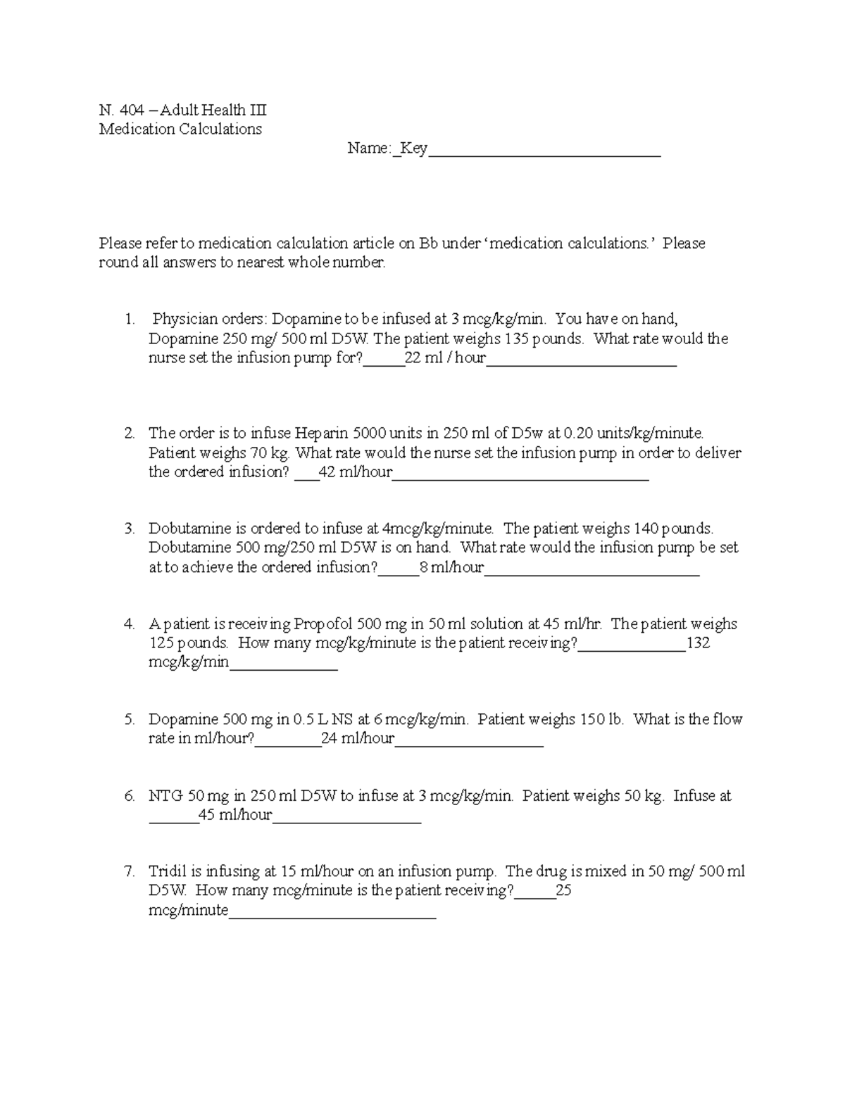 Med calc worksheet #2 - N. 404 – Adult Health III Medication ...