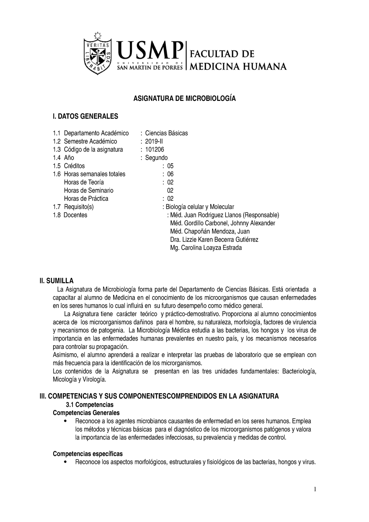 Silabo De Microbiologia 2019 Ii 1 Asignatura De I Datos Generales 1 1 1 1 1 1 Departamento 0241