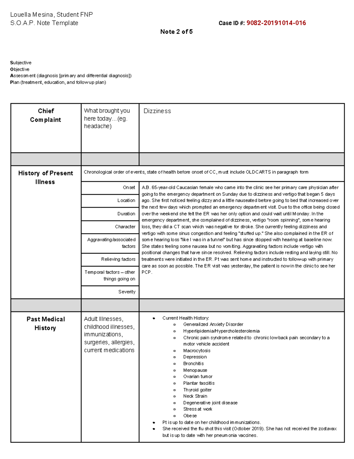 SOAP 2 of 5 Dizziness - Louella Mesina, Student FNP S.O.A. Note ...