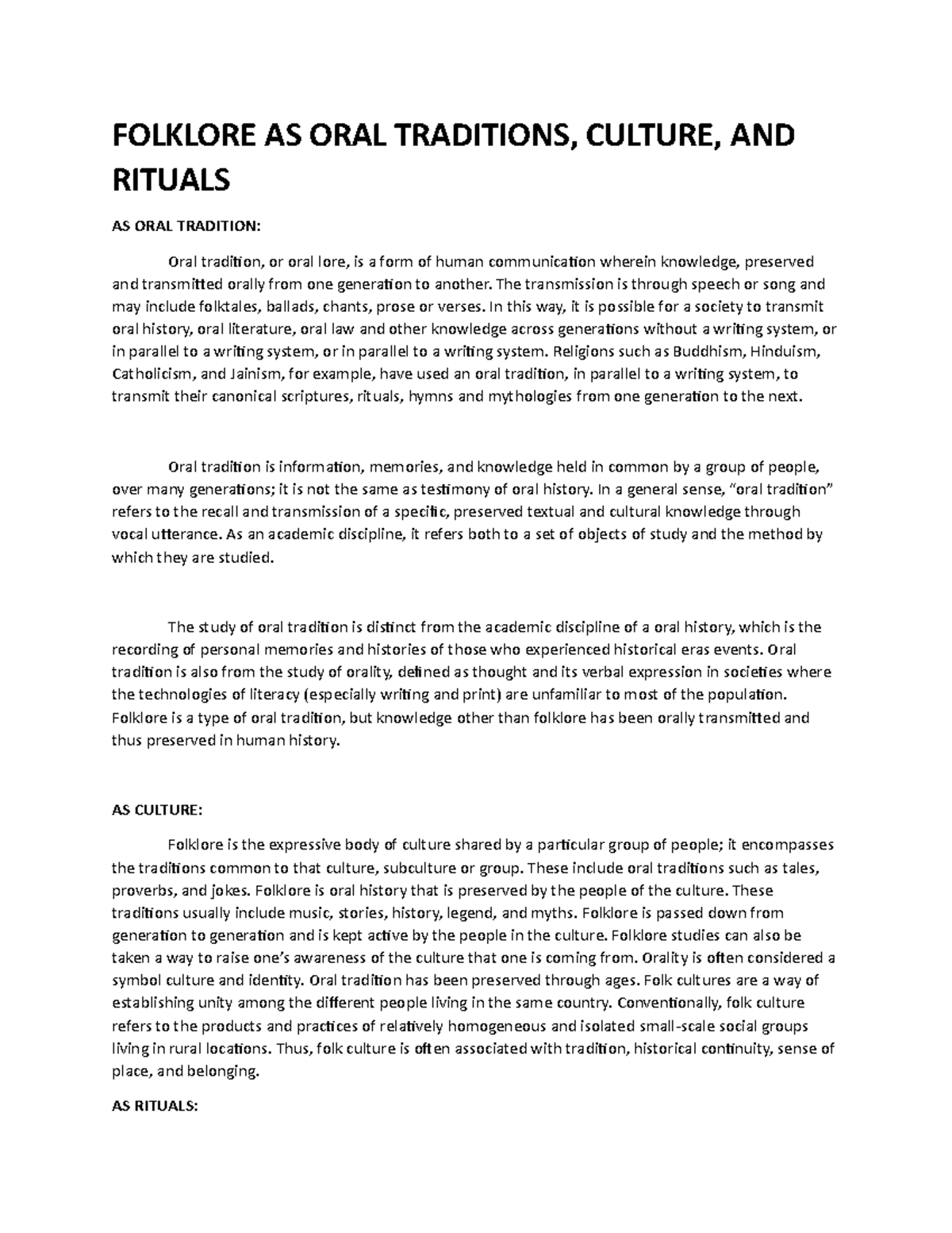 Folklore AS ORAL Traditions, Culture, AND Rituals FOLKLORE AS ORAL