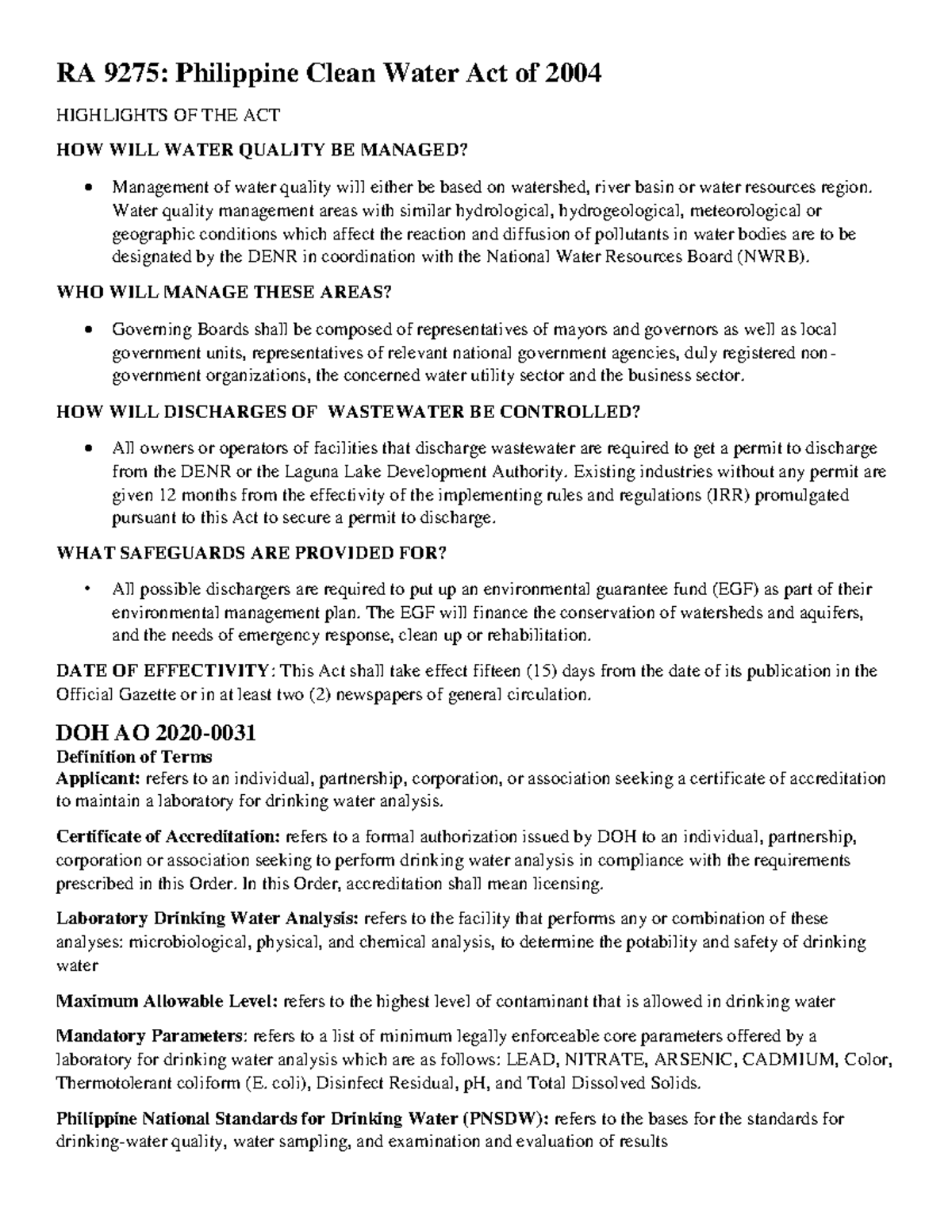 RA 9275 PH Clean Water ACT - RA 9275 : Philippine Clean Water Act of ...