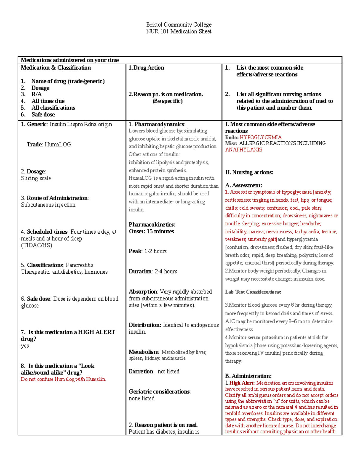 Humalog drug sheet Bristol Community College NUR 101 Medication