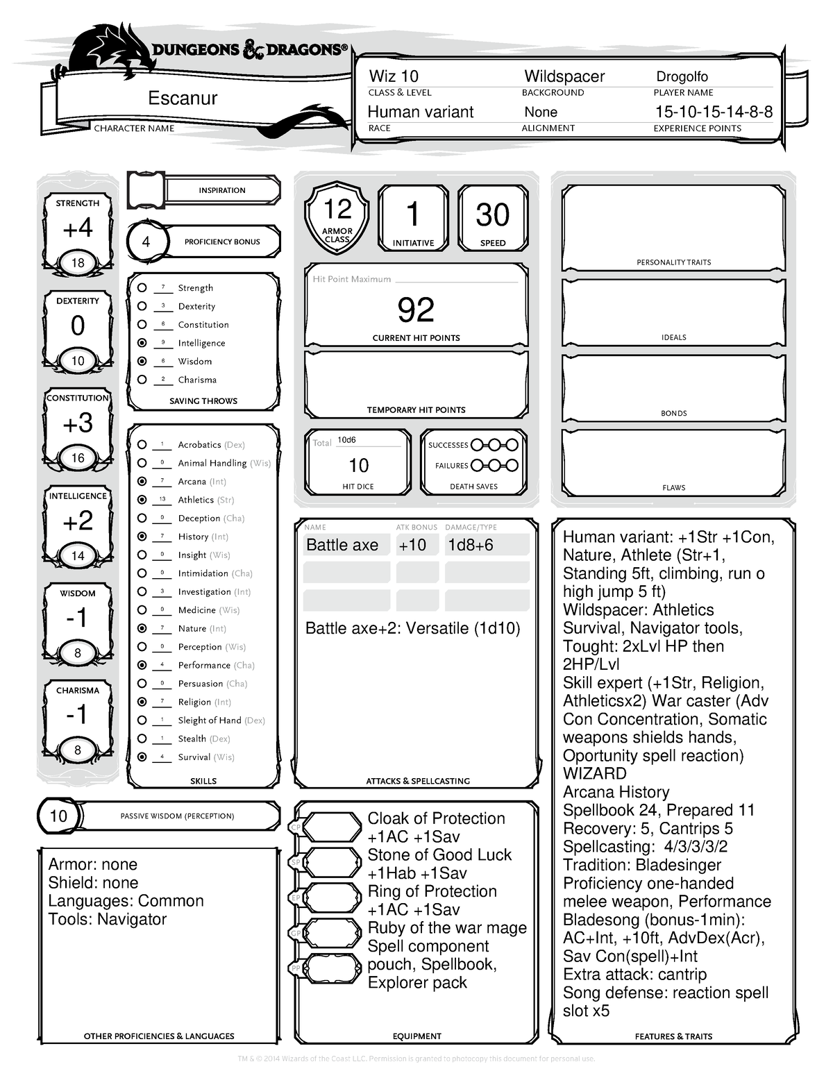 Escanur - dnd - RACE CLASS & LEVEL PLAYER NAME CHARACTER NAME ...