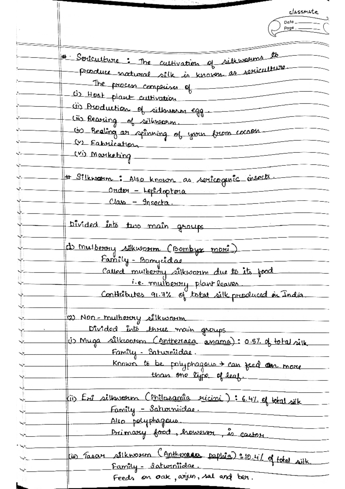 Bioresources of Assam - Sericulture I - classmate Date Page Sericulture ...