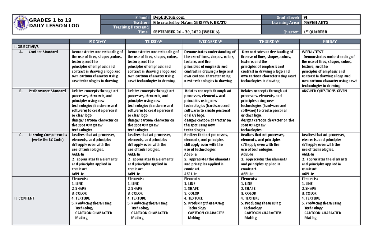 DLL Mapeh 6 Q1 W6 - A daily lesson log. - GRADES 1 to 12 DAILY LESSON ...