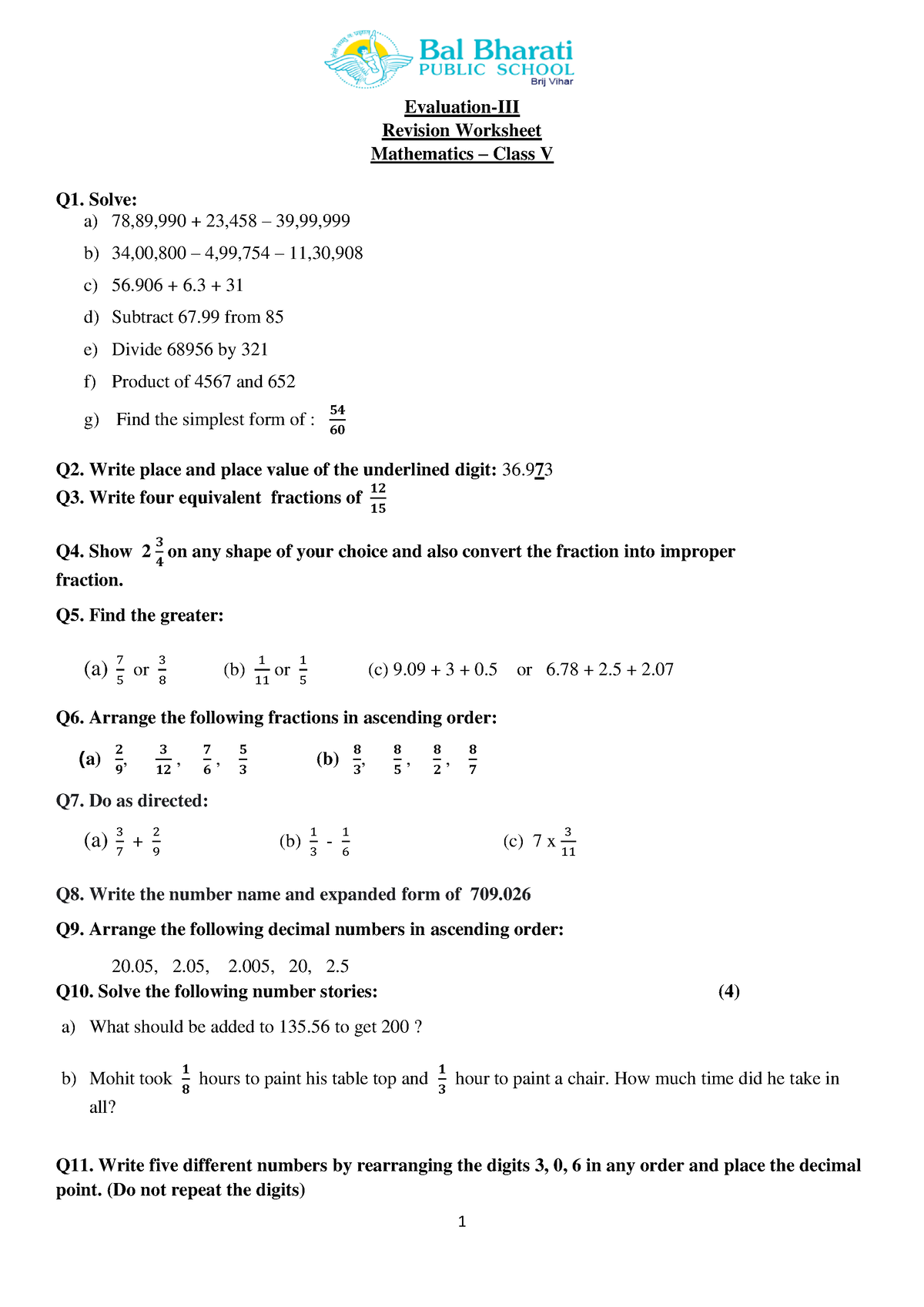 Revision worksheet- Ev3 Maths Class 5 - 1 Evaluation-III Revision ...