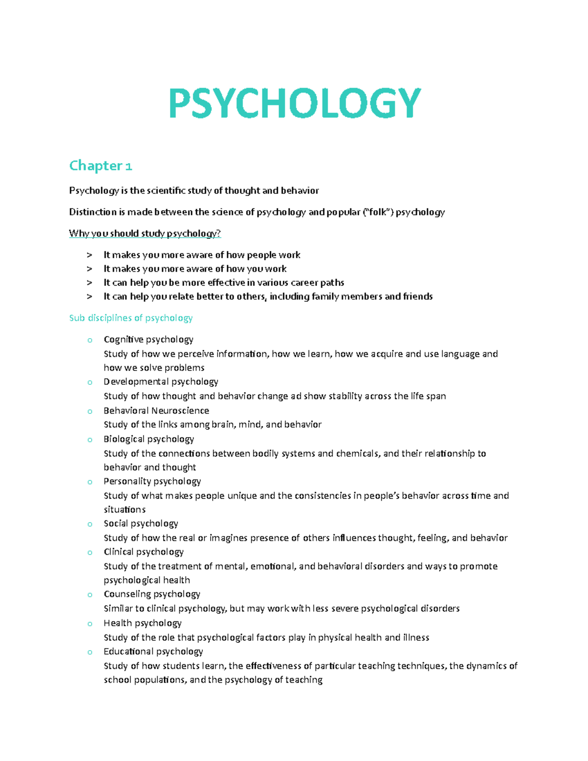 Psychology - Notes for the entire course - including power points - PSY ...