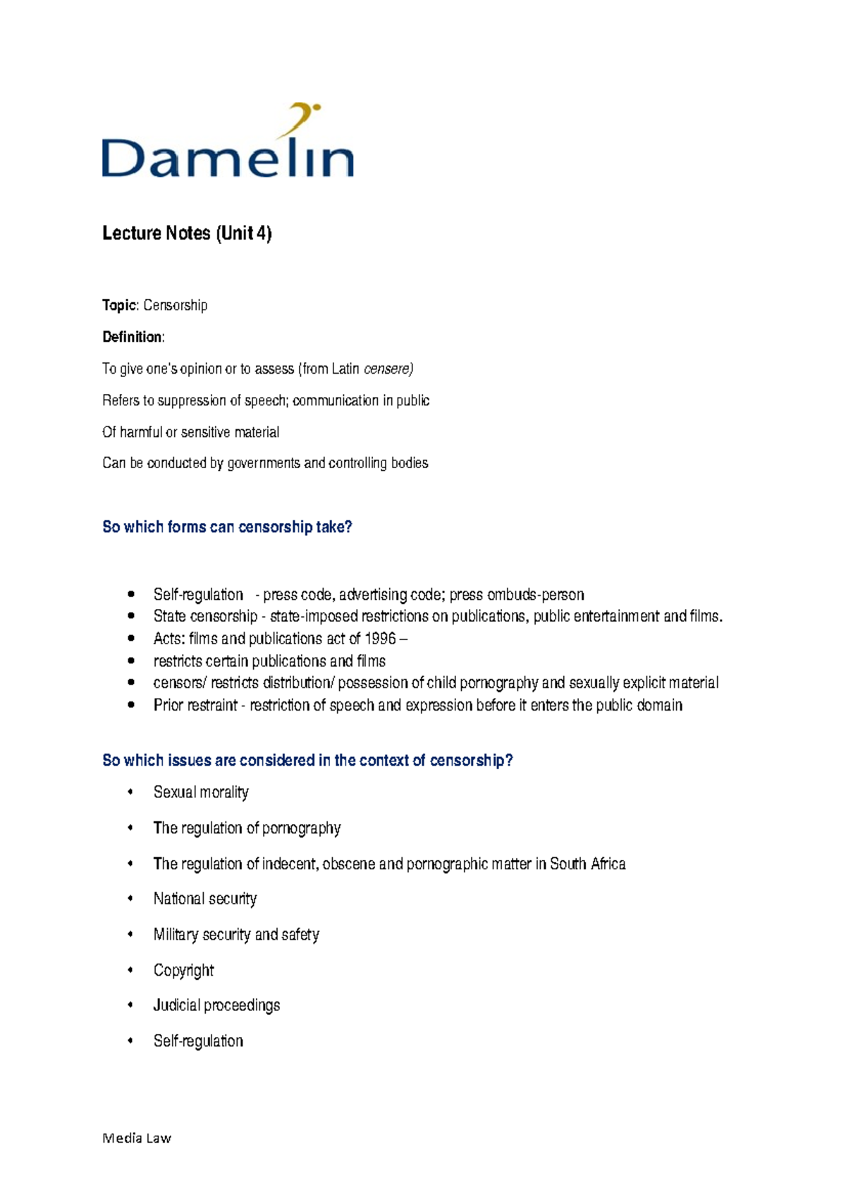 Unit 4 Censorship Lecture Notes (Unit 4) Topic Censorship