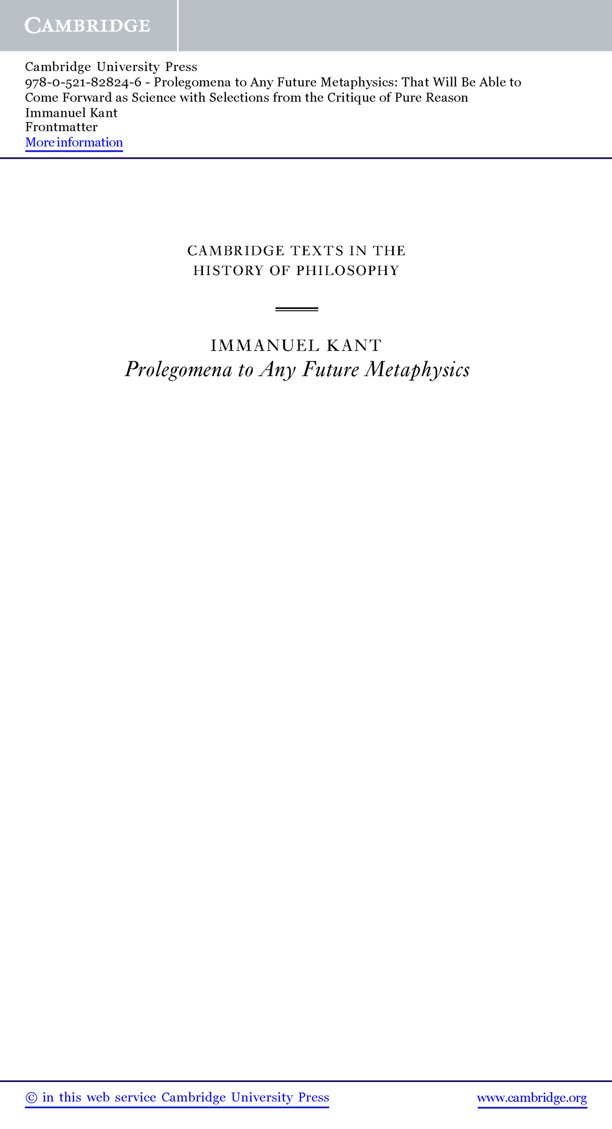 Prolegomena To Any Future Metaphysics - CAMBRIDGE TEXTS IN THE HISTORY ...