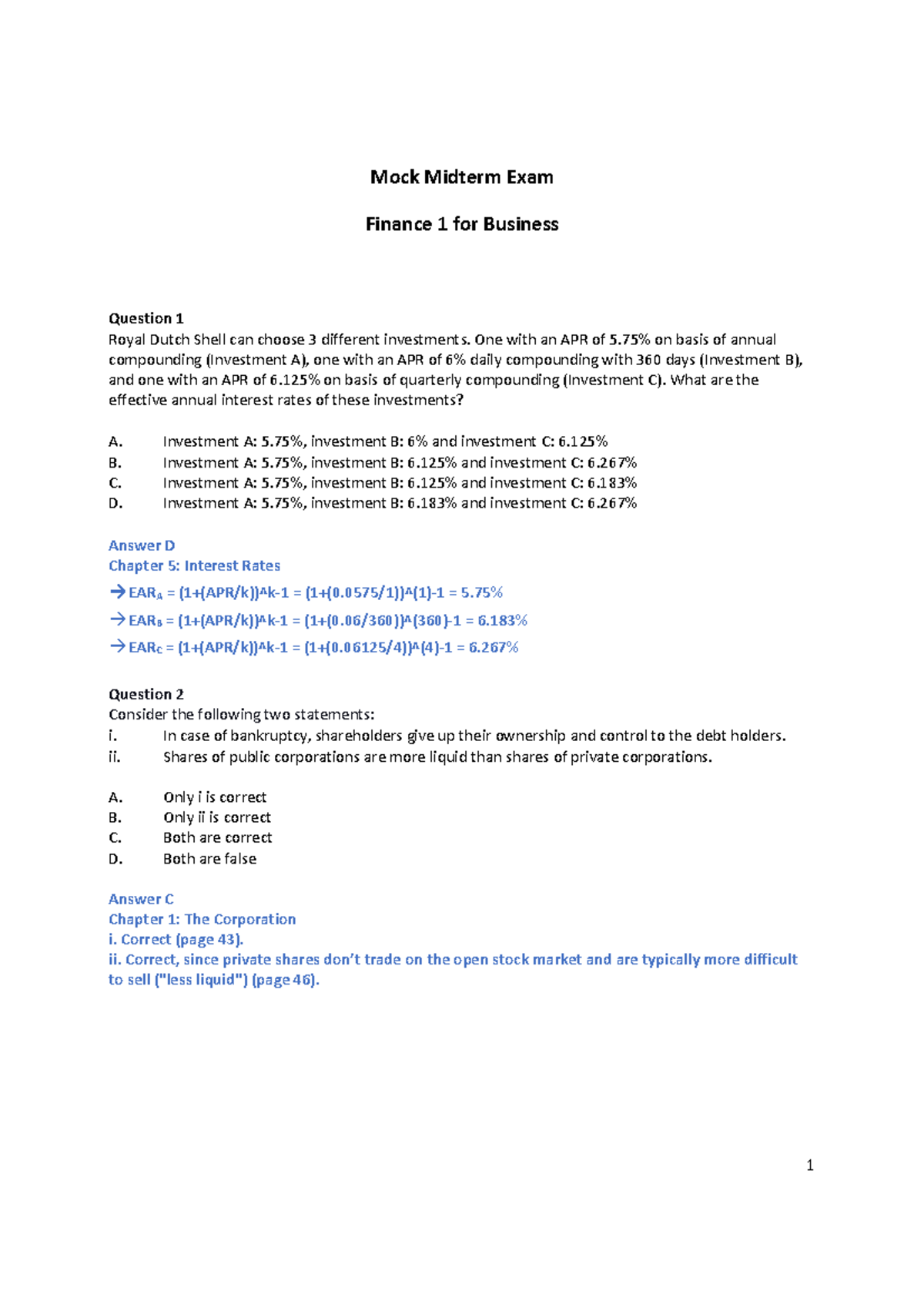 Finance 1 Mock Midterm with answers Mock Midterm Exam Finance 1