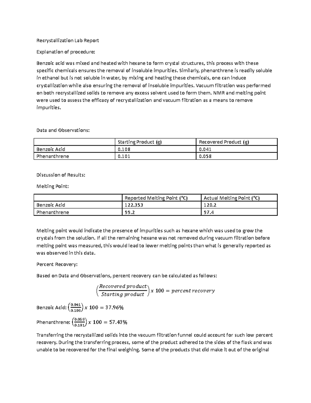 Recrystallization Lab Report - Recrystallization Lab Report Explanation ...