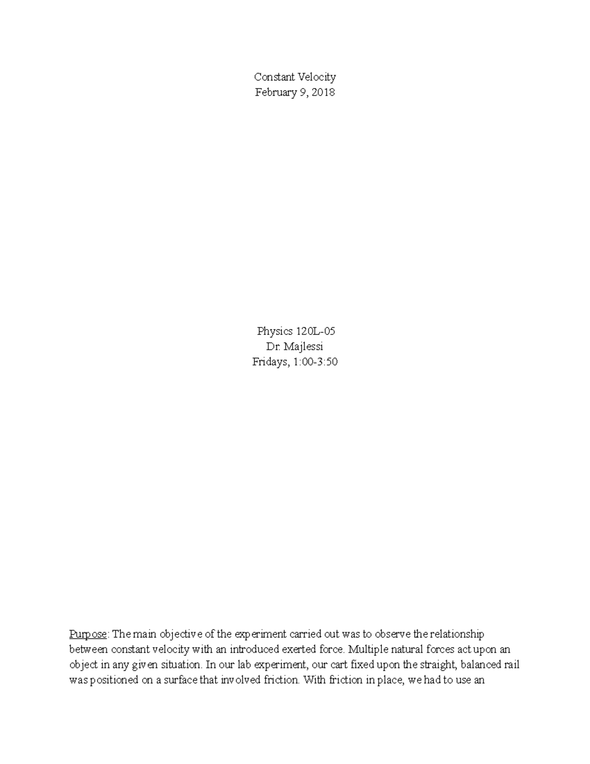 PHY120 lab #1 constant velocity - Constant Velocity February 9, 2018 ...