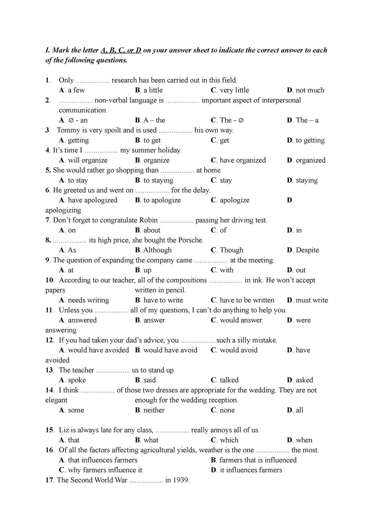 NPCB2 - I. Mark the letter A, B, C, or D on your answer sheet to ...