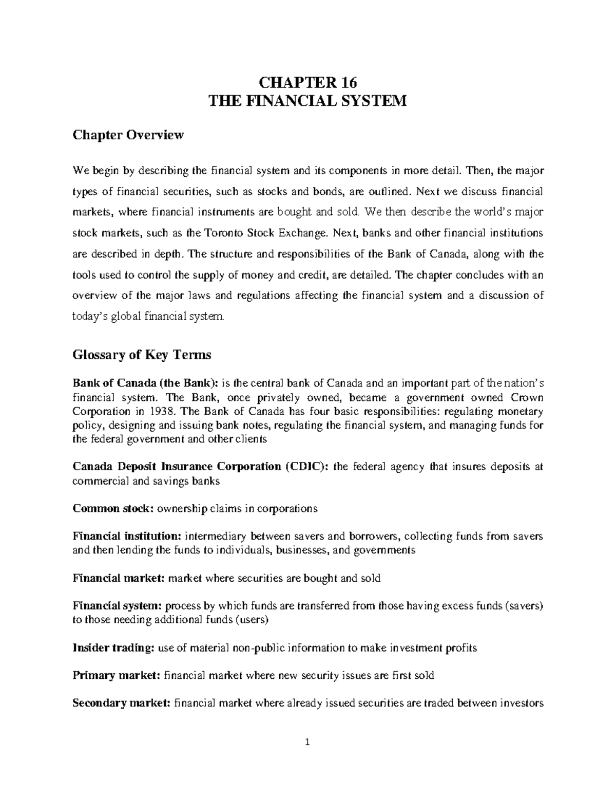 BC-Ch.16 Summary - CHAPTER 16 THE FINANCIAL SYSTEM Chapter Overview We ...
