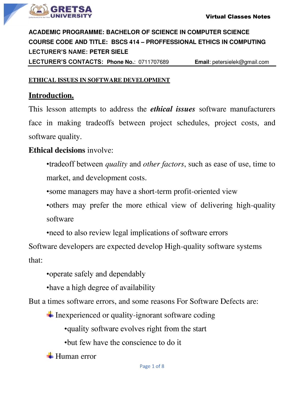 Bscs 414 - Lecture Notes 5 - Ethical Issues In Software Dev - Internet ...