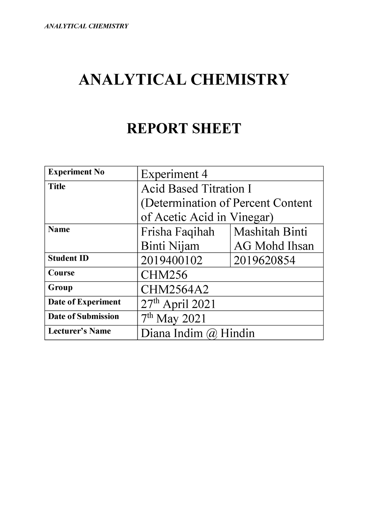 Acid Base Titration - Basic Analytical Chemistry - UiTM - Studocu